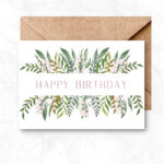Birthday Printable Card with pink flowers and green leaves background ML103a