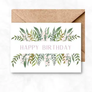 Birthday Printable Card with pink flowers and green leaves background ML103a