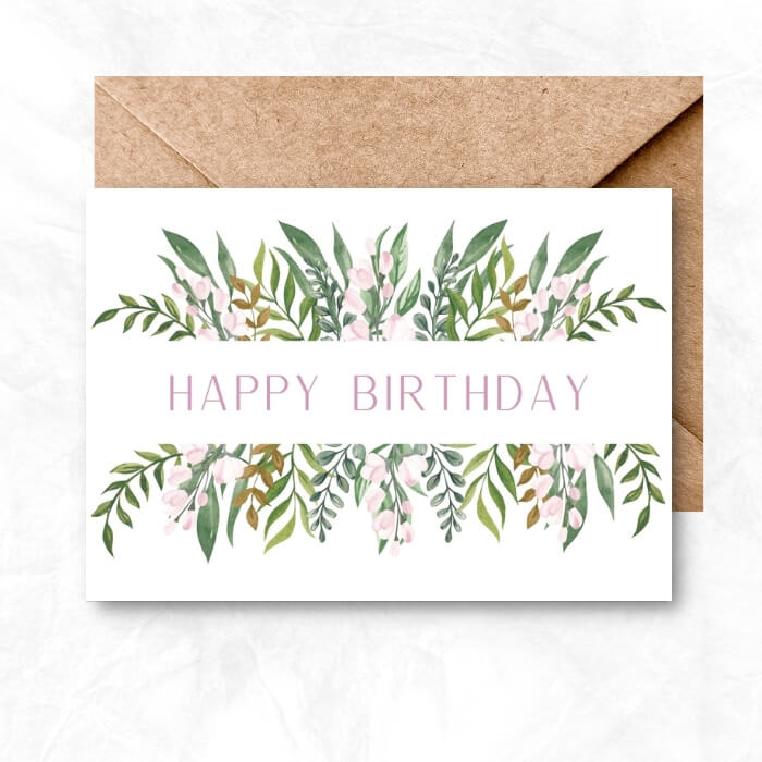 Birthday Printable Card with pink flowers and green leaves background ML103a