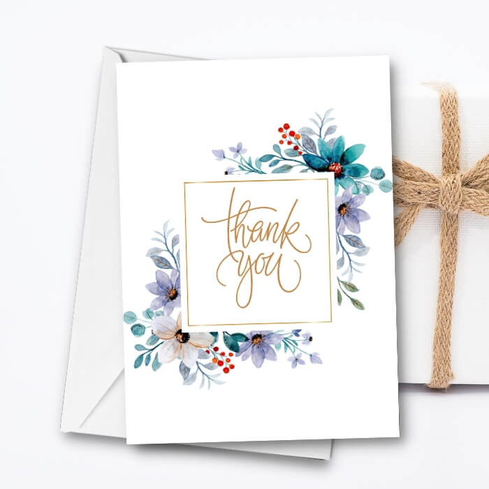 Thank You Printable Card with blue and purple flowers background MP102a
